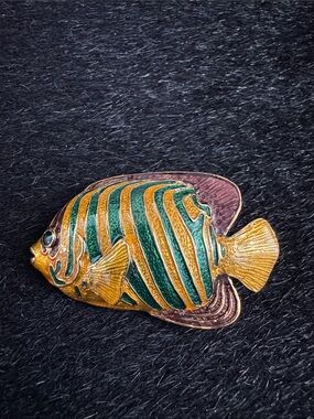 Green and Gold Striped Fish Pin - Decorative Enamel Brooch